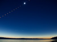 Total solar eclipse 2017 Aug 21: Composite with Lake Cascade, Idaho  Totality: 1 sec, no filter. Partial phases: 1/1000 sec, Thousand Oaks solar filter. Canon 60Da + Canon EF-S 15-85mm, 15mm at f/5 ISO 100