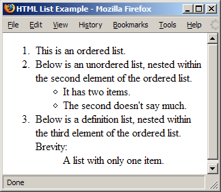 Example of HTML list elements