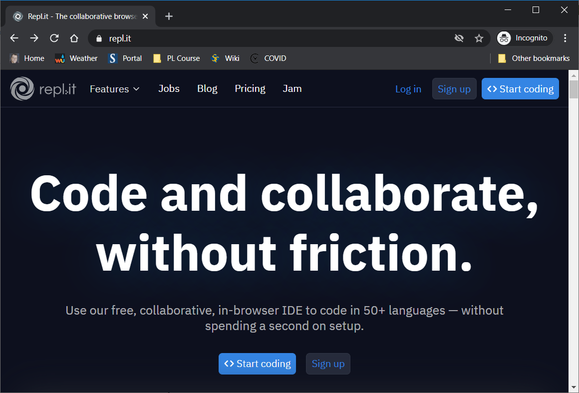 repl.it landing page