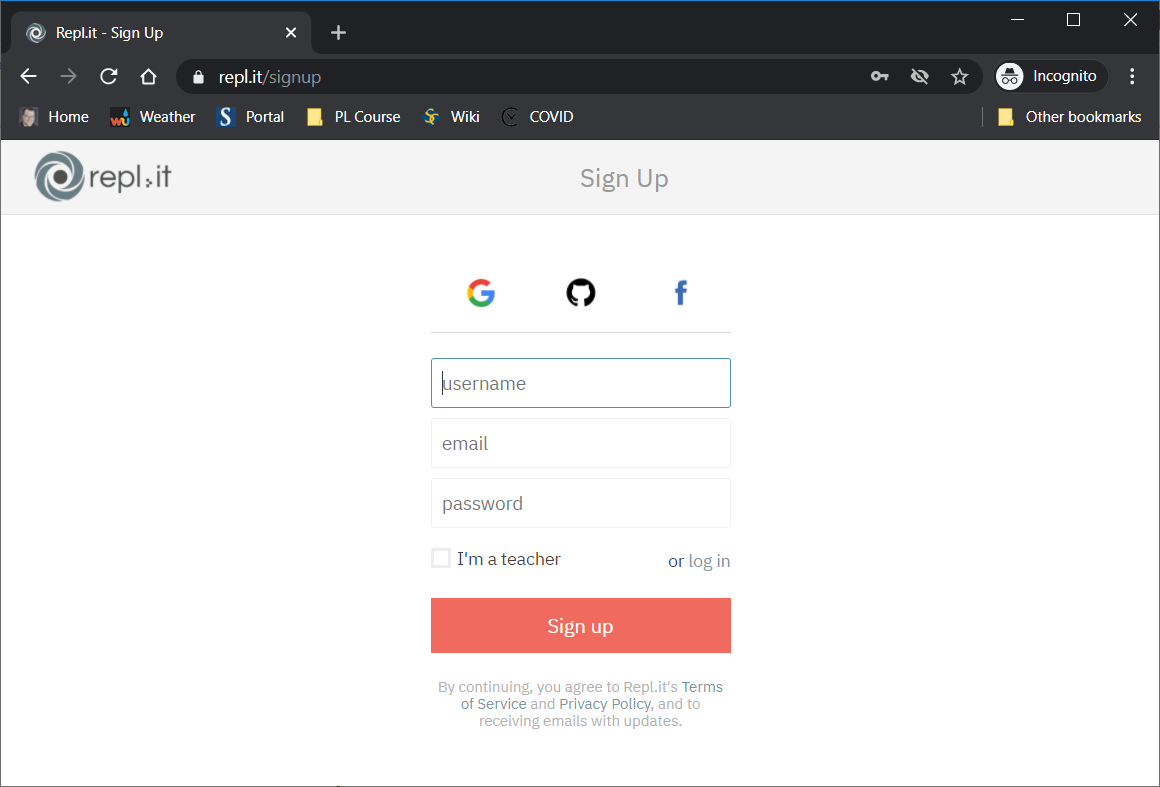 repl.it login page