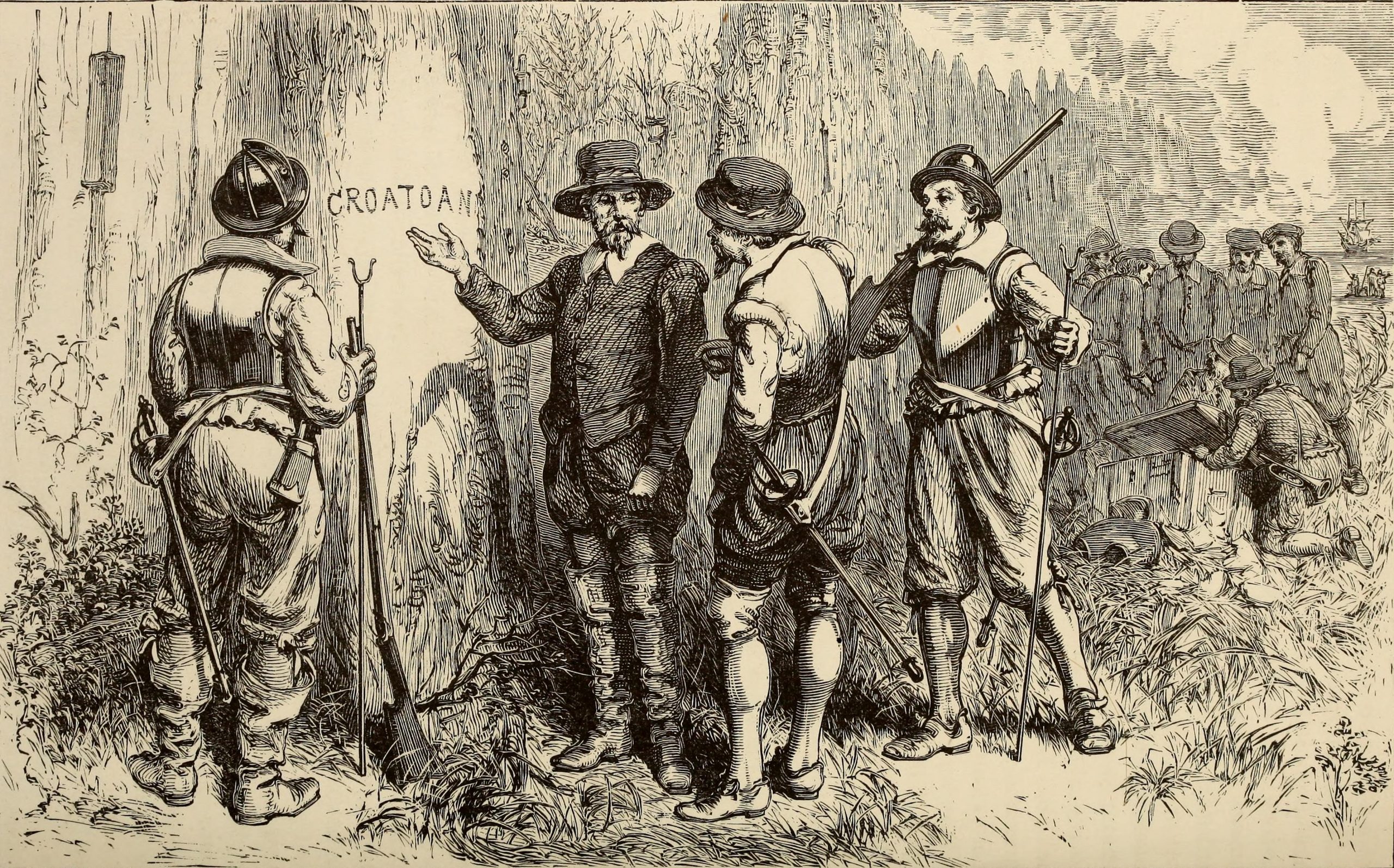 Four English colonists standing around a tree with "Croatoan" carved into it. One is gesturing to the carving, while the other three cluster around him. More colonists and a ship can be seen in the background.