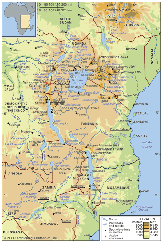 A map of the East African Rift Valley region, with orange, yellow, green and blue colors for the legend and place names marked. 