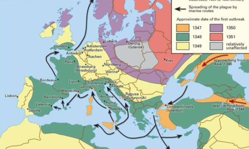Map of the spread of the Black Death in Europe, northern Africa and the Middle East (from Encyclopaedia Britannica, 2020).