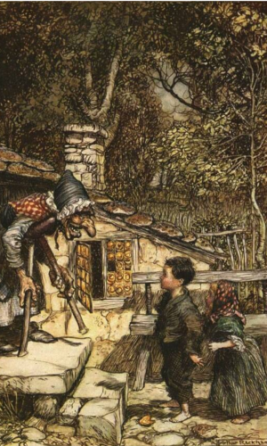 An illustration of Hansel and Gretel meeting the witch outside of her gingerbread house in Hansel and Gretel (from Williams, 2020).