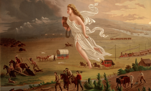 American Progress (1872) by John Gast. This painting symbolizes the belief of Manifest Destiny. Columbia, the female figure of America, leads Americans into the West. She is carrying the values of republicanism, as shown by her Roman garb, and progress, as shown by technological innovations like the telegraph and trains. In front of her, Indigenous Peoples and animals are forced into the darkness.