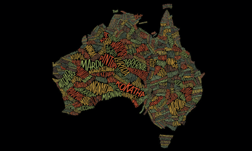 Word map artwork in the shape of the Australian continent. Each word represents the name of an Indigenous Australian group and is generally located near their traditional land (from Burdon, 2016).