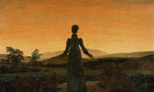 Caspar David Friedrich, German, 1774–1840. Woman in Front of Setting Sun, c. 1818. Oil paint on canvas. Acquisition was funded by the German Center for The Loss of Cultural Property. 
MUSEUM FOLKWANG.