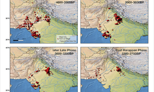 Maps of the settlements of the Indus River Valley Civilization over time. Red dots represent towns and villages and white dots represent major cities. Notice how civilizations migrated east and how the number of cities decreased over time. Note that the years on the map are in years BP rather than BCE (from Nield 2020).