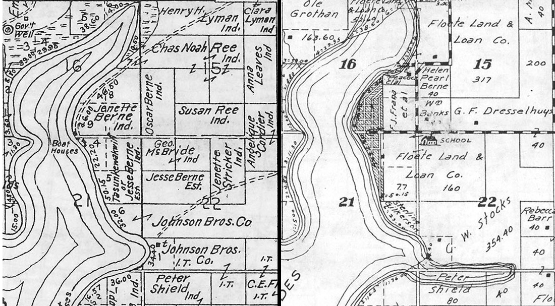 Left: A map of our study area, Lake Andes, SD, in 1906. Most parcels around the lake are owned by Native Americans (denoted with "Ind."), including many Native women. Right: A map of the same area in 1931. Most land owned by Native Americans just 25 years earlier is now in the hands of banks and non-Native American settlers. Both maps courtesy of the University of Nebraska - Lincoln.