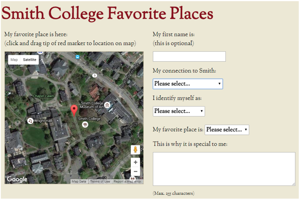 Smith College Favorite Places Form: The form for adding your favorite site