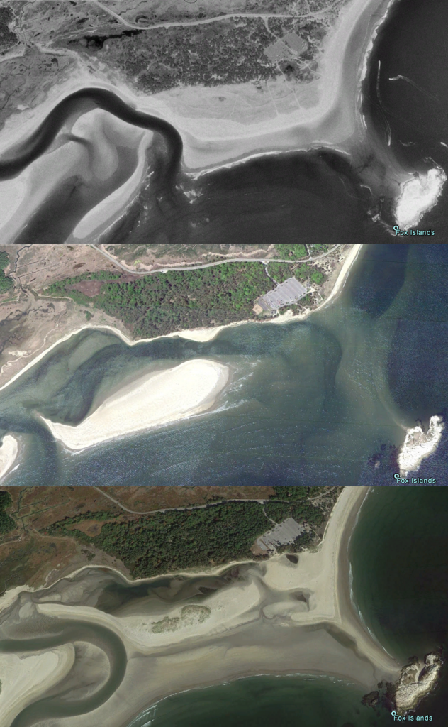 Popham beach in 1997 (top) before the erosion event, in 2010 (middle) after the erosion event, and in 2014 (bottom) in recovery.