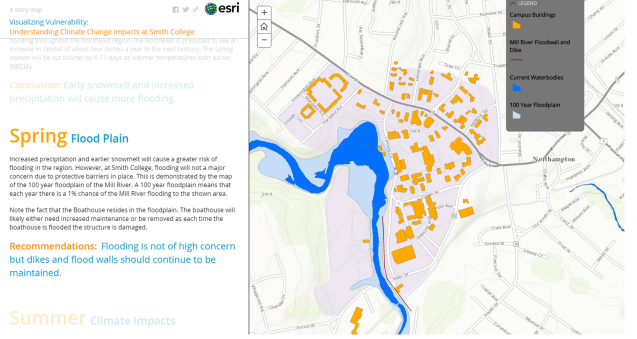 A preview of what our Story Map looks like. Included is a map of floodplains around campus. 