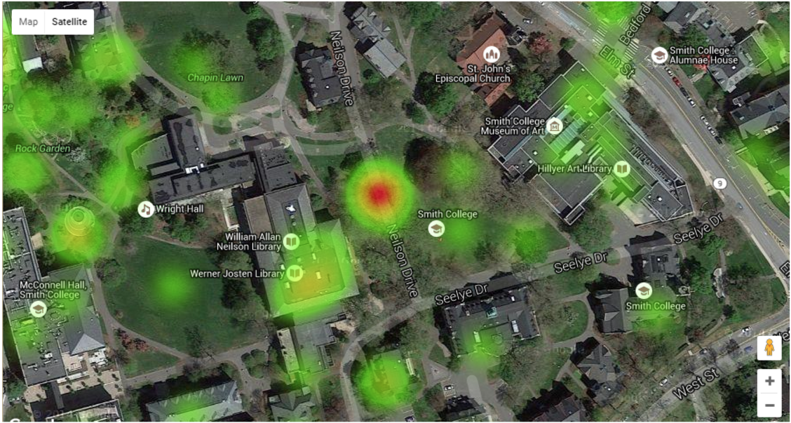 Favorite Places Heat Map: The red clustering to the right shows a large amount of points in front of the library instead of centered on the library