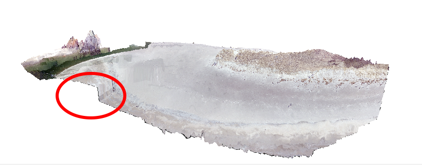 This 3D model of a flight area on Seawall Beach reveals a steep change in elevation on what should be a flat beach, likely caused by an aberration in the drone's flight plan.