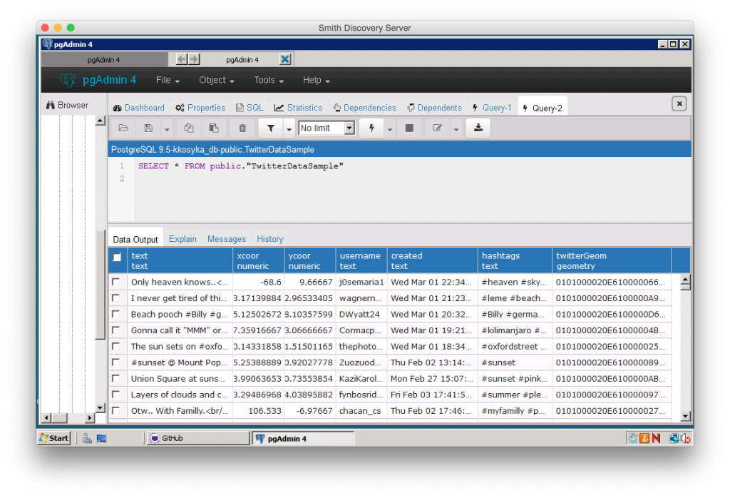 Screenshot of Twitter data stored in a PostgreSQL database